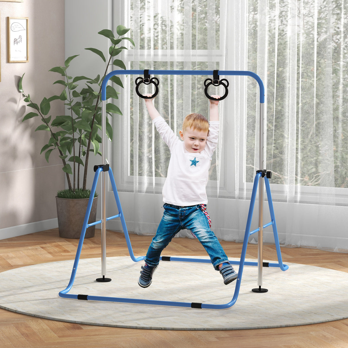 Barra de Ginástica para Crianças com Altura Ajustável em 5 Níveis e Anéis Barra de Treino de Ginástica Dobrável 148x105x88-128 cm Azul — foto 2
