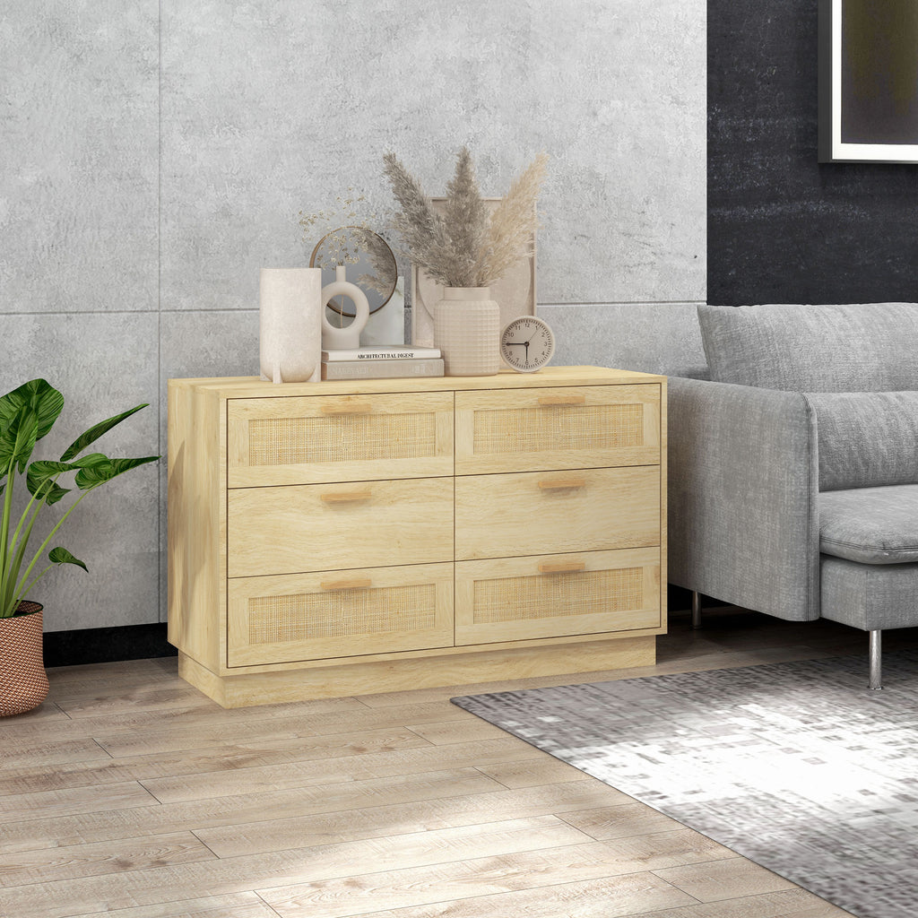 Cómoda para Quarto Cómoda de Madeira com 6 Gavetas de Vime Estilo Boêmio Cómoda para Corredor Sala de Estar Escritório 110x40x69 cm Carvalho — foto 7