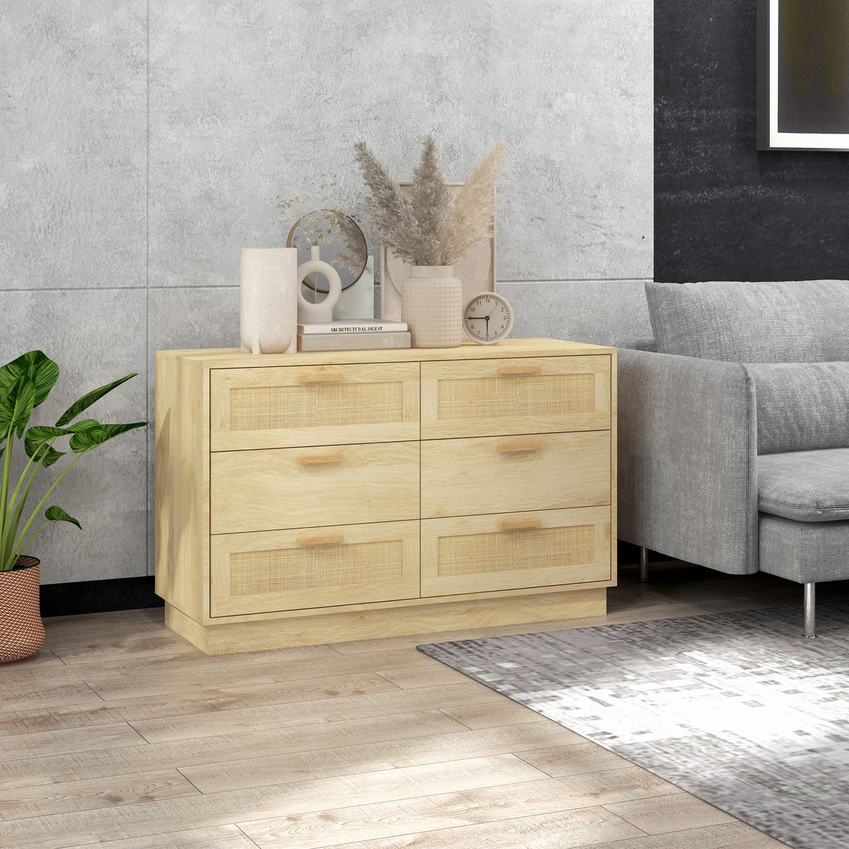 Cómoda para Quarto Cómoda de Madeira com 6 Gavetas de Vime Estilo Boêmio Cómoda para Corredor Sala de Estar Escritório 110x40x69 cm Carvalho — foto 7