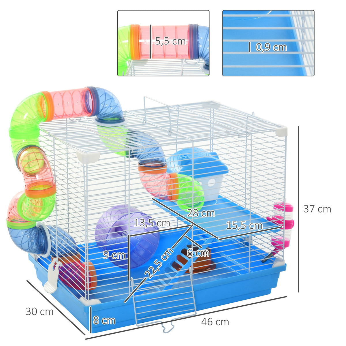 Gaiola para Hamster, Casa para Hamster com Túnel, Comedouro, Bebedouro, Casinha, Rampa, Roda de Exercício, Plataforma e Alça, Bandeja Removível, para Ratos e Gerbos, 46x30x37 cm, Azul — foto 3