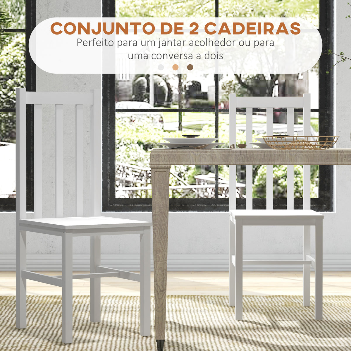 Conjunto de 2 Cadeiras de Sala de Jantar Cadeiras de Cozinha com Encosto de Ripas Estrutura de Madeira de Pinho para Sala de Estar Capacidade 120 kg 38,5x47,5x99 cm Branco - Modelo 2 — foto 4