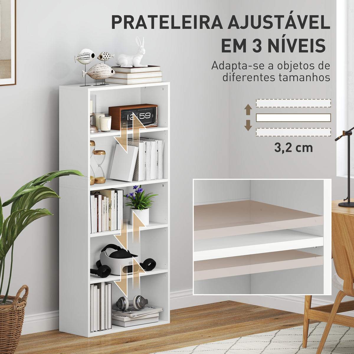 Estante de 5 Níveis Estante para Livros com 2 Prateleiras Ajustáveis para Sala de Estar Escritório Quarto 60x24x133,5 cm Branco — foto 5
