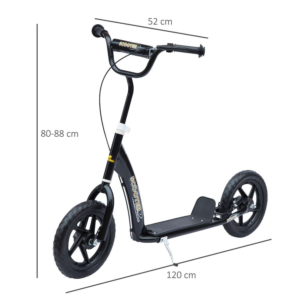 Trotinete com 2 Rodas de 12 Polegadas Trotinete para Crianças com Guiador Ajustável Freio e Cavalete Carga Máxima 100kg 120x52x80-88cm Preto — foto 3