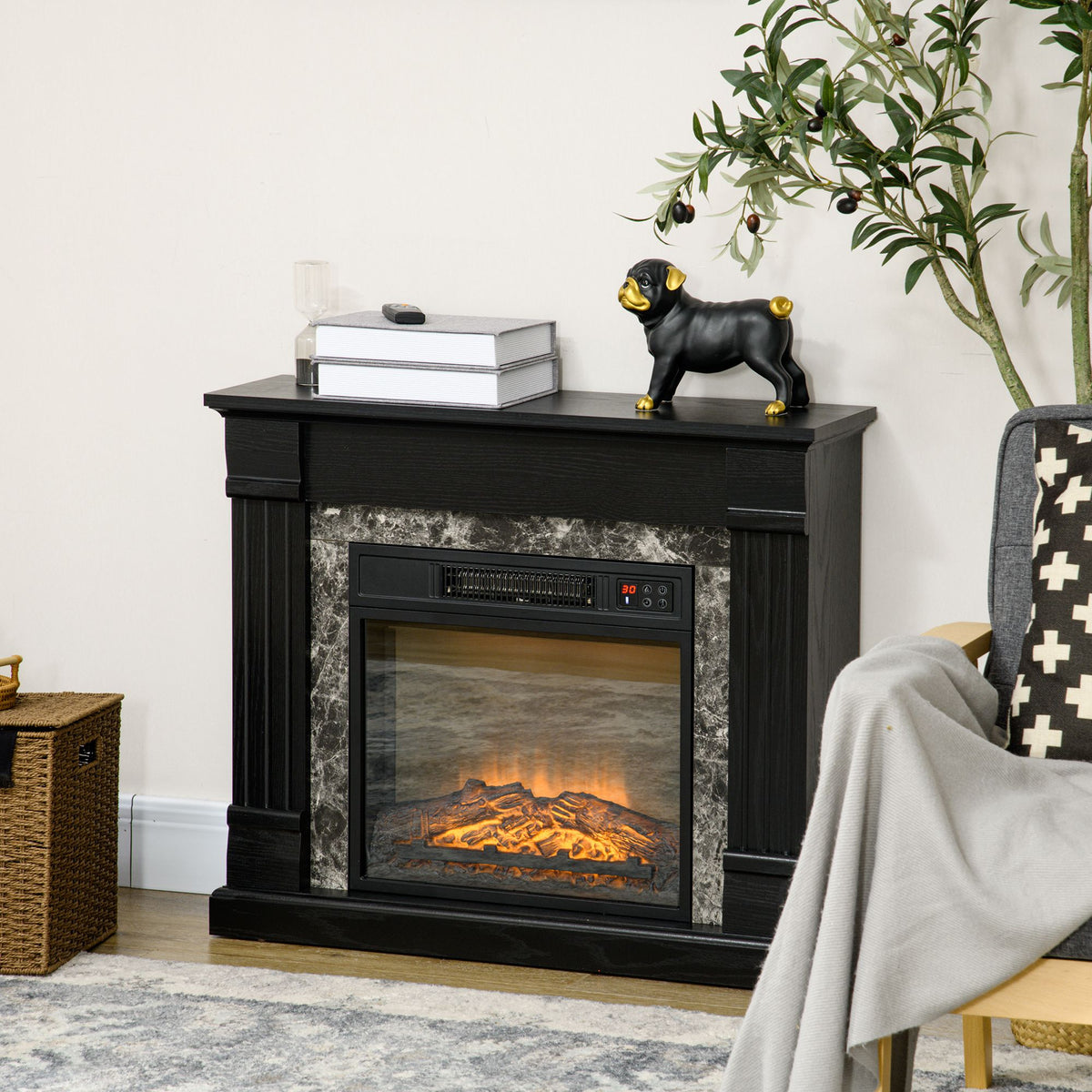 Lareira Elétrica 1800W Lareira com Efeito de Chama Realista Controlo Remoto Temporizador e Proteção Contra Superaquecimento para Ambientes de 30 m² 80x21,6x67,8 cm Preto — foto 2