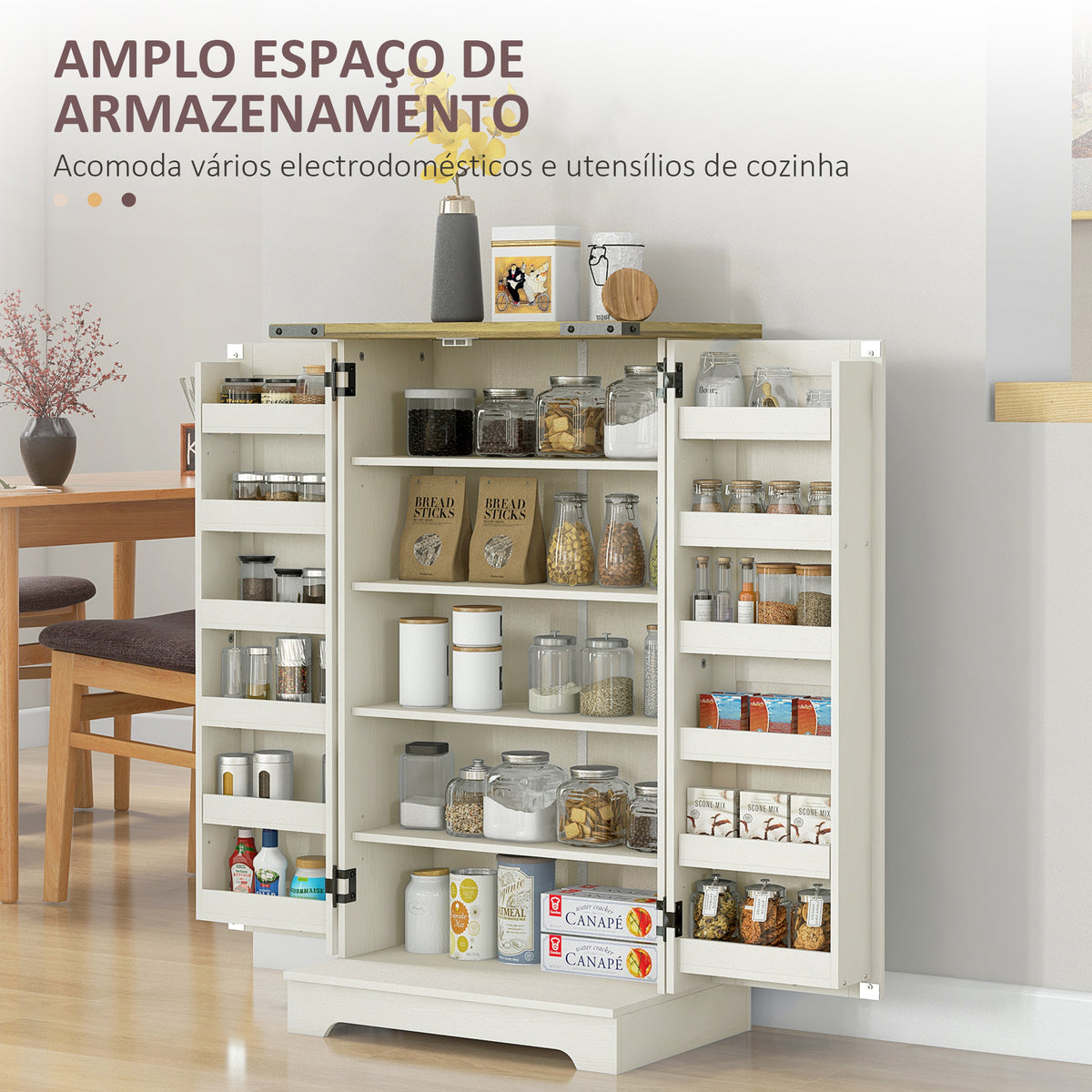 Armário Despensa de Cozinha com 2 Portas e 16 Prateleiras Alacena Rústica com Prateleira Ajustável para Sala de Jantar ou Sala de Estar 60x40x104 cm Creme — foto 4