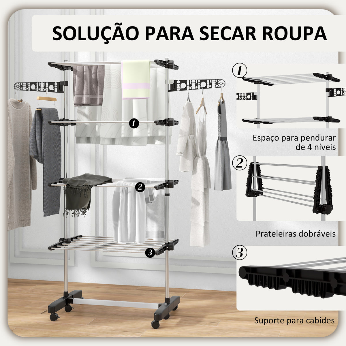 Estendal Vertical Dobrável de 4 Níveis Estendal de Roupa com 6 Rodas 2 Laterais Dobráveis Prateleiras Ajustáveis e Estrutura de Aço Inoxídável para Interior e Exterior Preto — foto 5