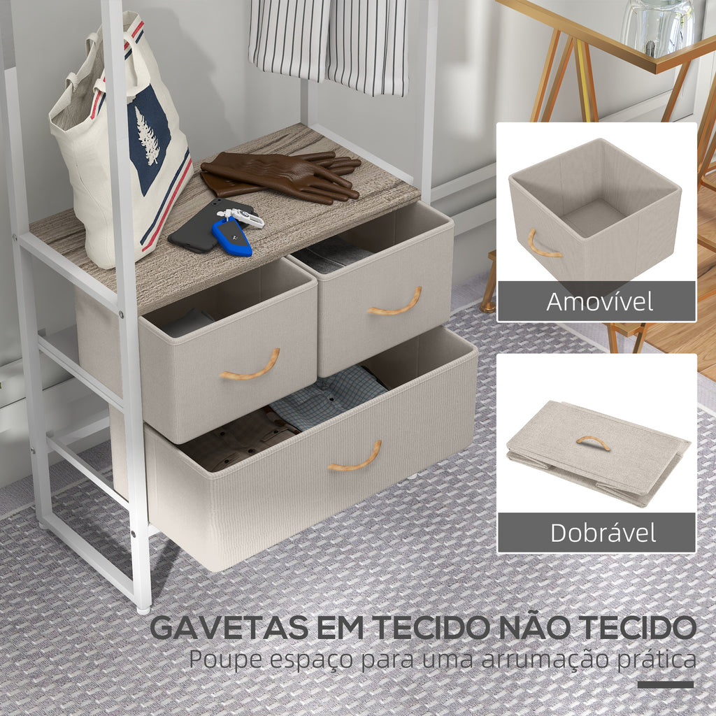 Suporte para Cabides com 3 Gavetas de Tecido Barra para Pendurar e Prateleira de Armazenamento para Entrada Quarto Sala 58,5x30x178 cm Natural — foto 5
