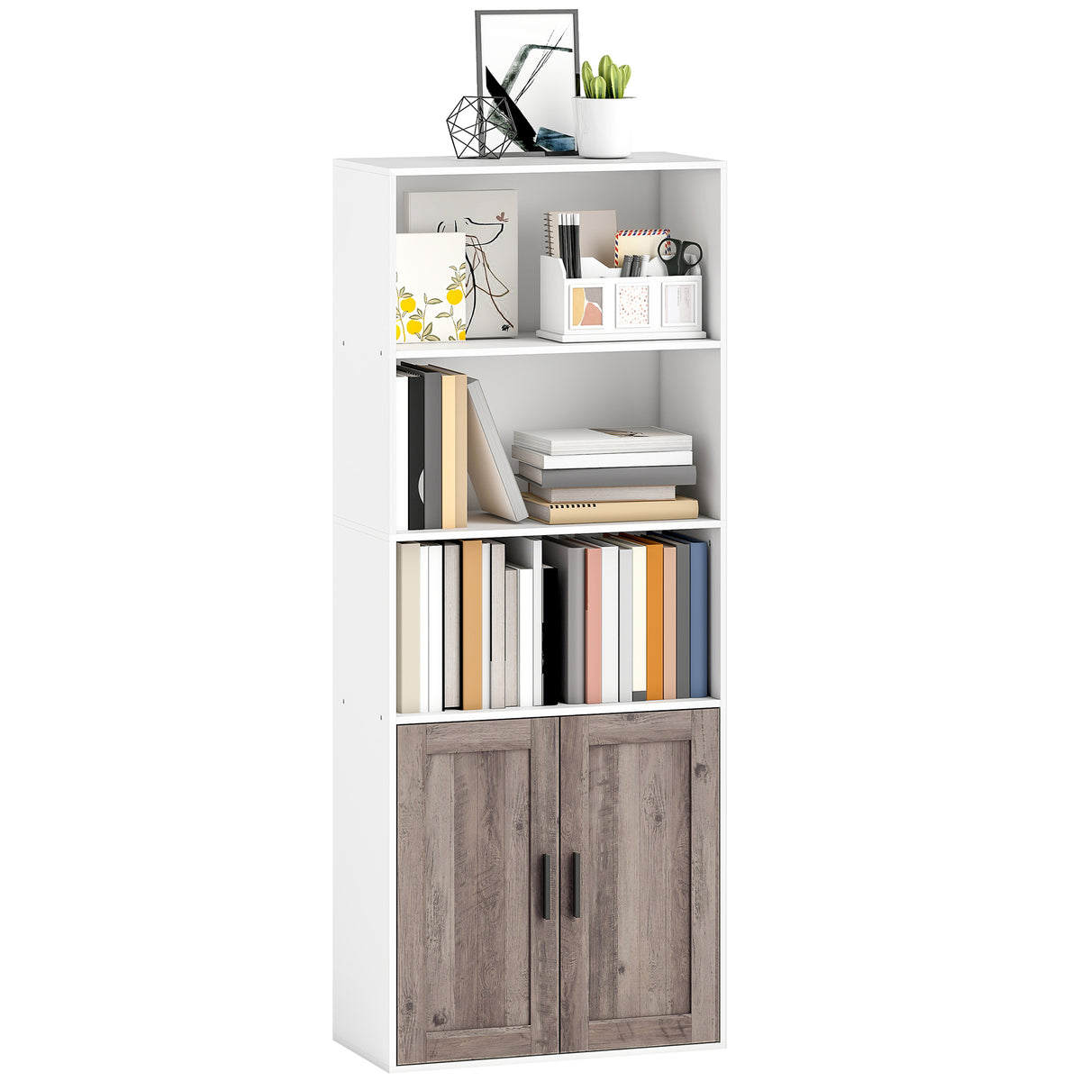 Estante para Livros Estreita Estante com Prateleiras Abertas e Armário com Prateleira Ajustável para Sala Escritório e Estúdio 60x30x149,5 cm Branco e Castanho — foto 1