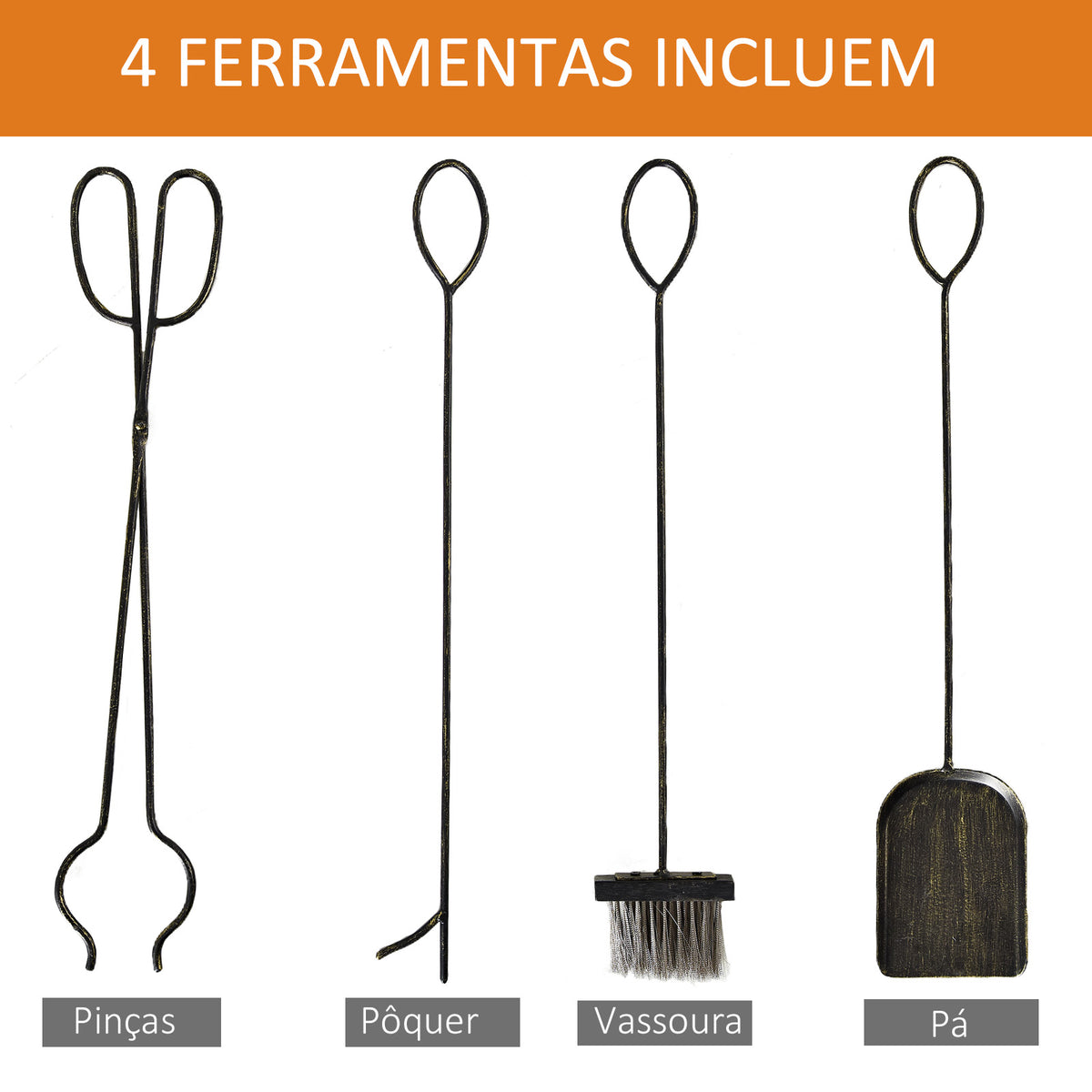 Suporte para Lenha de Ferro Forjado de 2 Níveis com 4 Ferramentas para Interior e Exterior 51,5x33x77 cm Preto e Dourado — foto 5