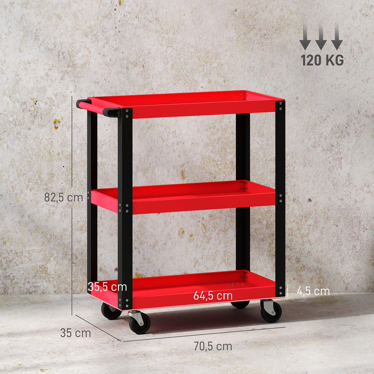 Carrinho de Oficina Carrinho de Ferramentas com 3 Prateleiras Rodas com Travões e Alça Lateral para Garagem Mecânica Casa Carga 120 kg Vermelho — foto 3