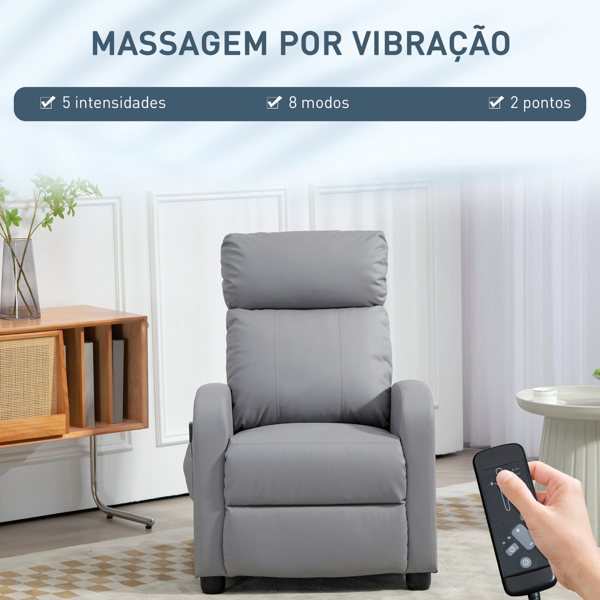Poltrona de Massagem Poltrona Relax Reclinável com Controlo Remoto 2 Áreas de Massagem 8 Programas 5 Níveis de Intensidade Estofado em PU 68x88x98 cm Cinzento — foto 4