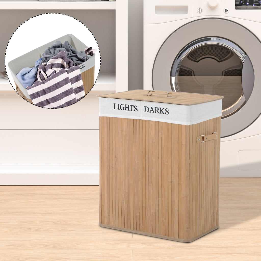 Cesto para Roupa Suja de Bambú Capacidade de 100L Cesta para Roupa Suja Retangular com Tampa Removível Bolsa com 2 Compartimentos 52x32x63cm Bambú — foto 2