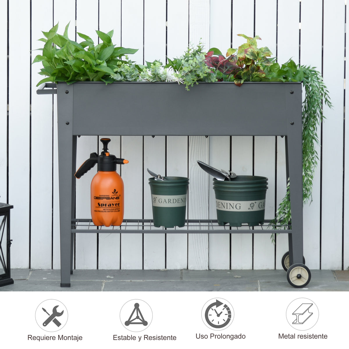 Floreira de Metal Elevada Floreira com Rodas Alça Lateral e Prateleira Inferior para Cultivo de Plantas Hortaliças Flores 104x39x80cm Cinza — foto 6