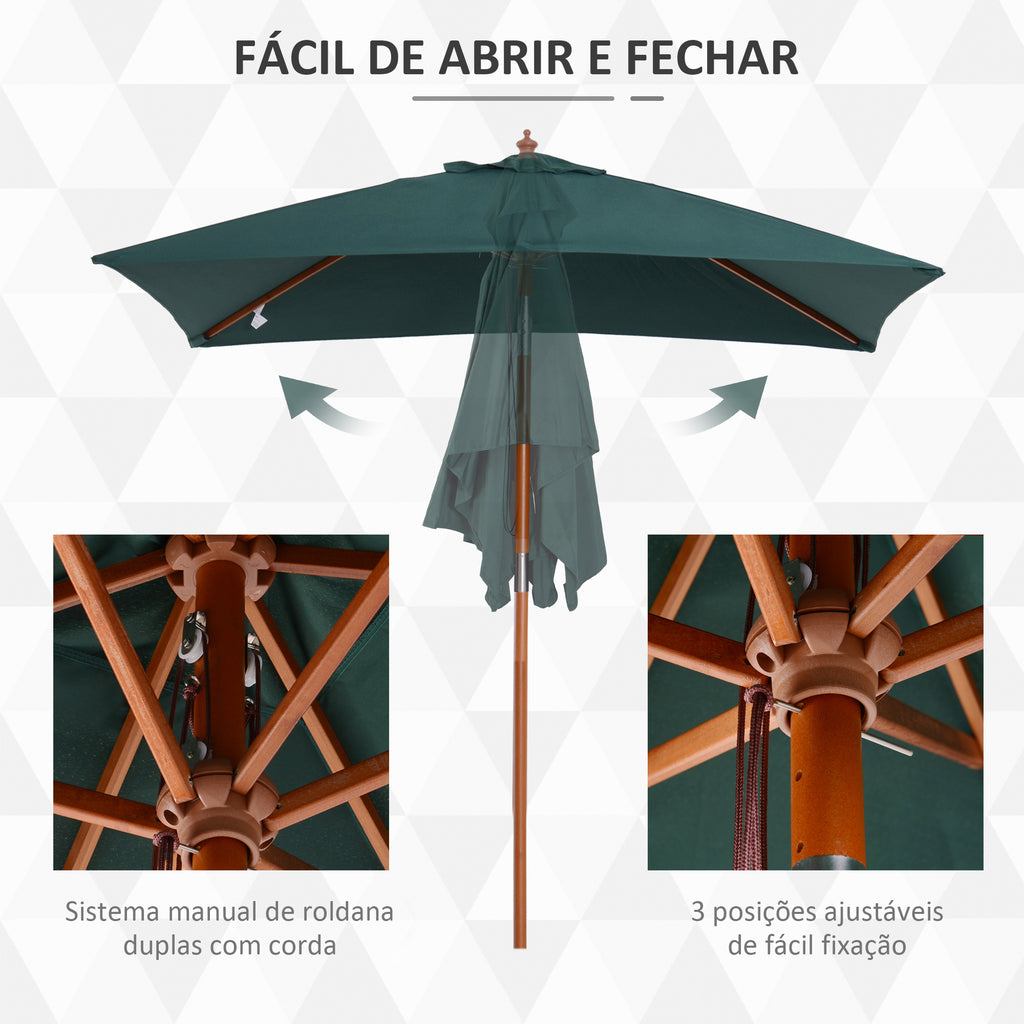 Chapéu de Sol de Jardim 200x150x230cm Chapéu de Sol Retangular Inclinável com Polia Duplo Teto e Mastro Desmontável de Madeira para Terraço Pátio Verde — foto 6