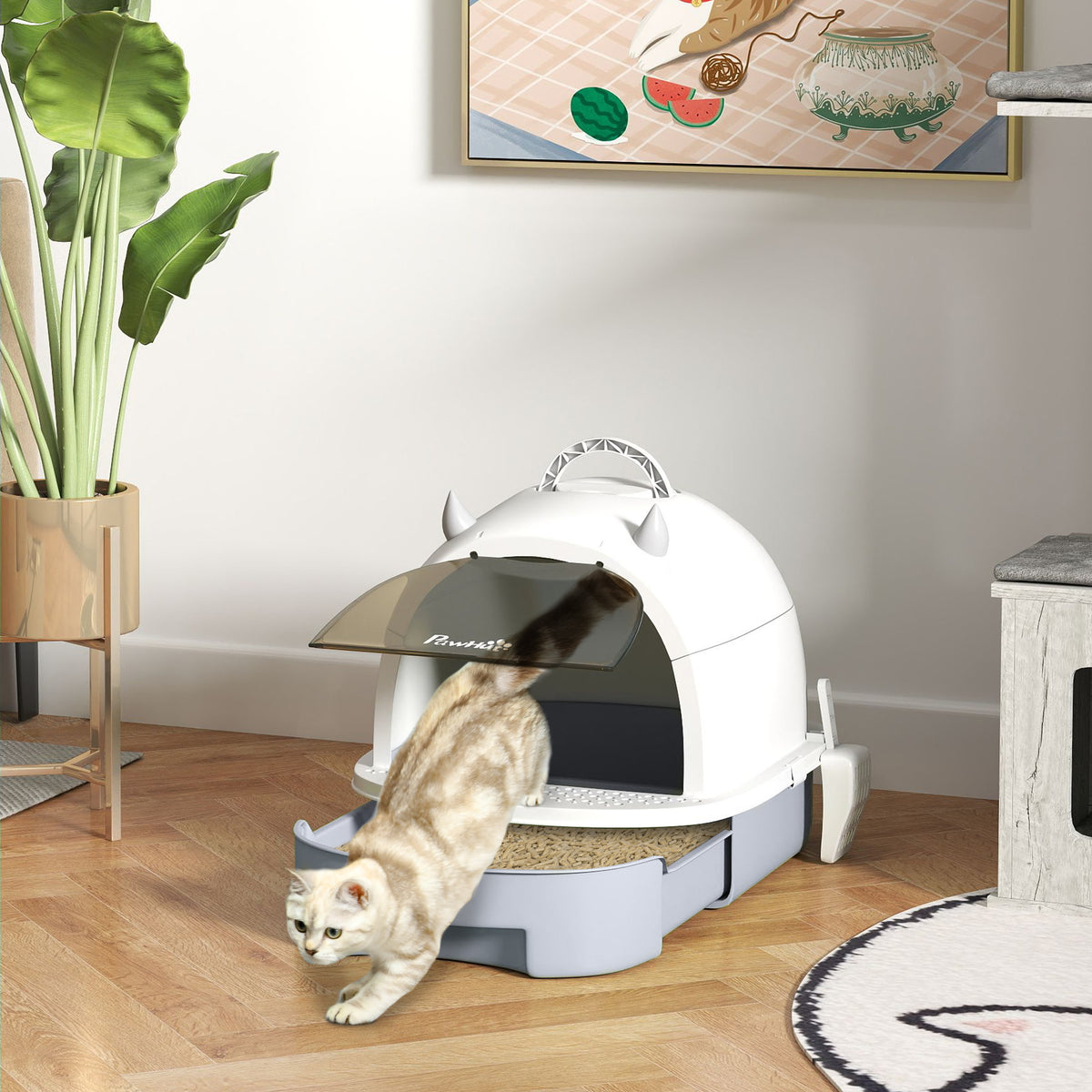 Caixa de Areia para Gatos Fechada Caixa de Areia para Gatos com Tampa e Bandeja Amovíveis Filtro de Carvão e Pá 40,5x52x39 cm Branco e Cinza — foto 2