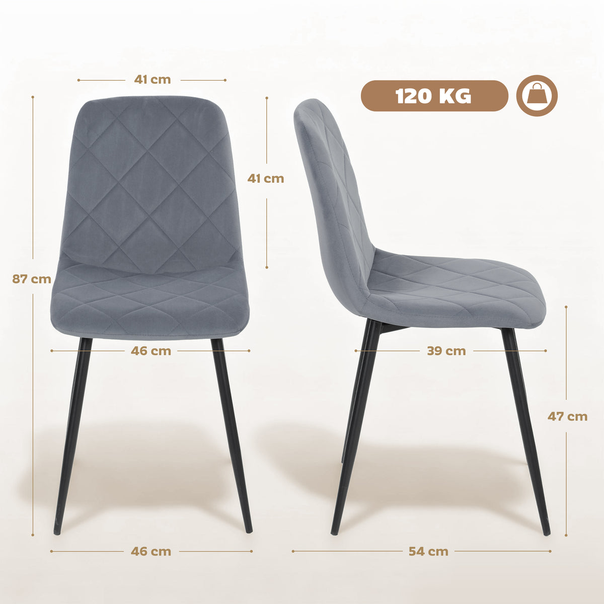 Conjunto de 4 Cadeiras de Jantar Modernas Cadeiras de Cozinha Estofadas em Veludo com Pés de Aço para Sala de Estar 45x54x87 cm Cinza — foto 3