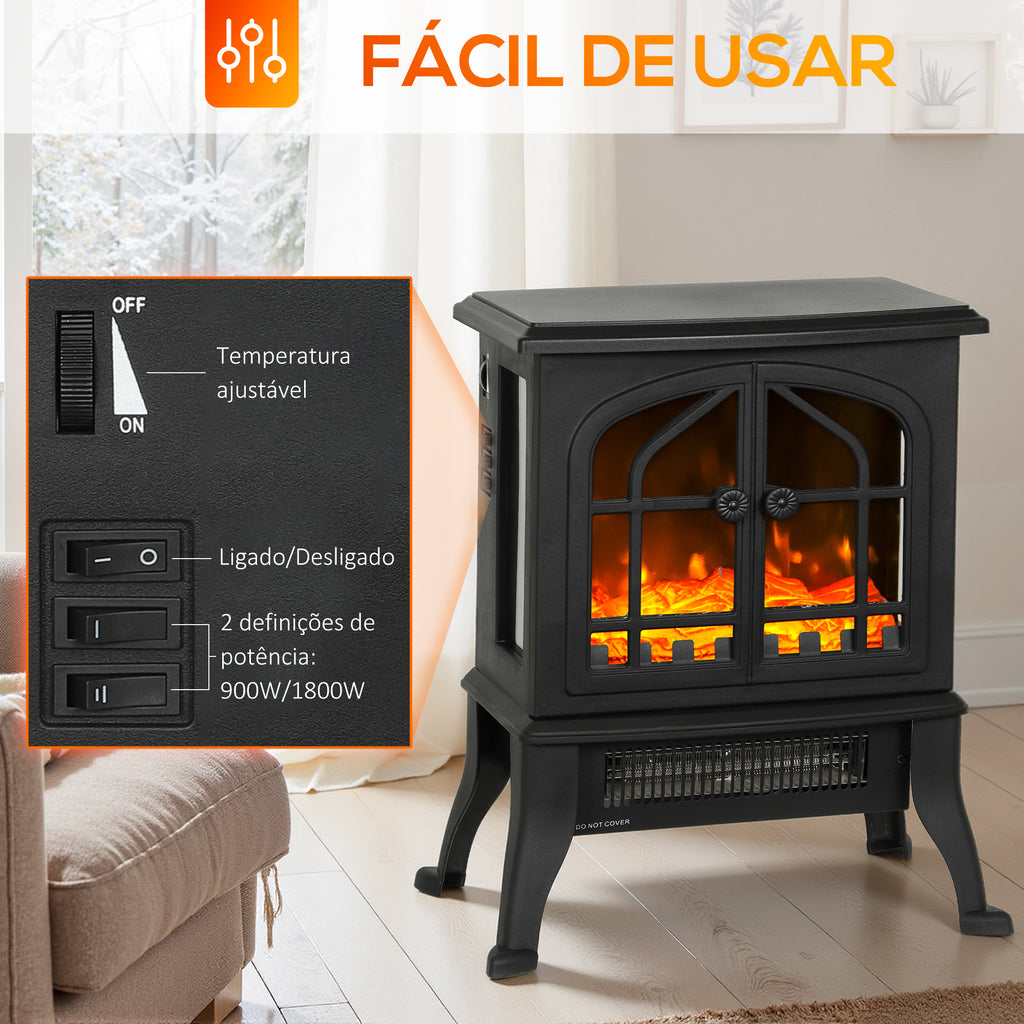 Lareira Elétrica de Pé Lareira Decorativa 900/1800W com Efeito Chama 3D 2 Níveis de Potência Termóstato Ajustável Janelas Visíveis para 15-30 ㎡ 39x24x48 cm Preto — foto 6