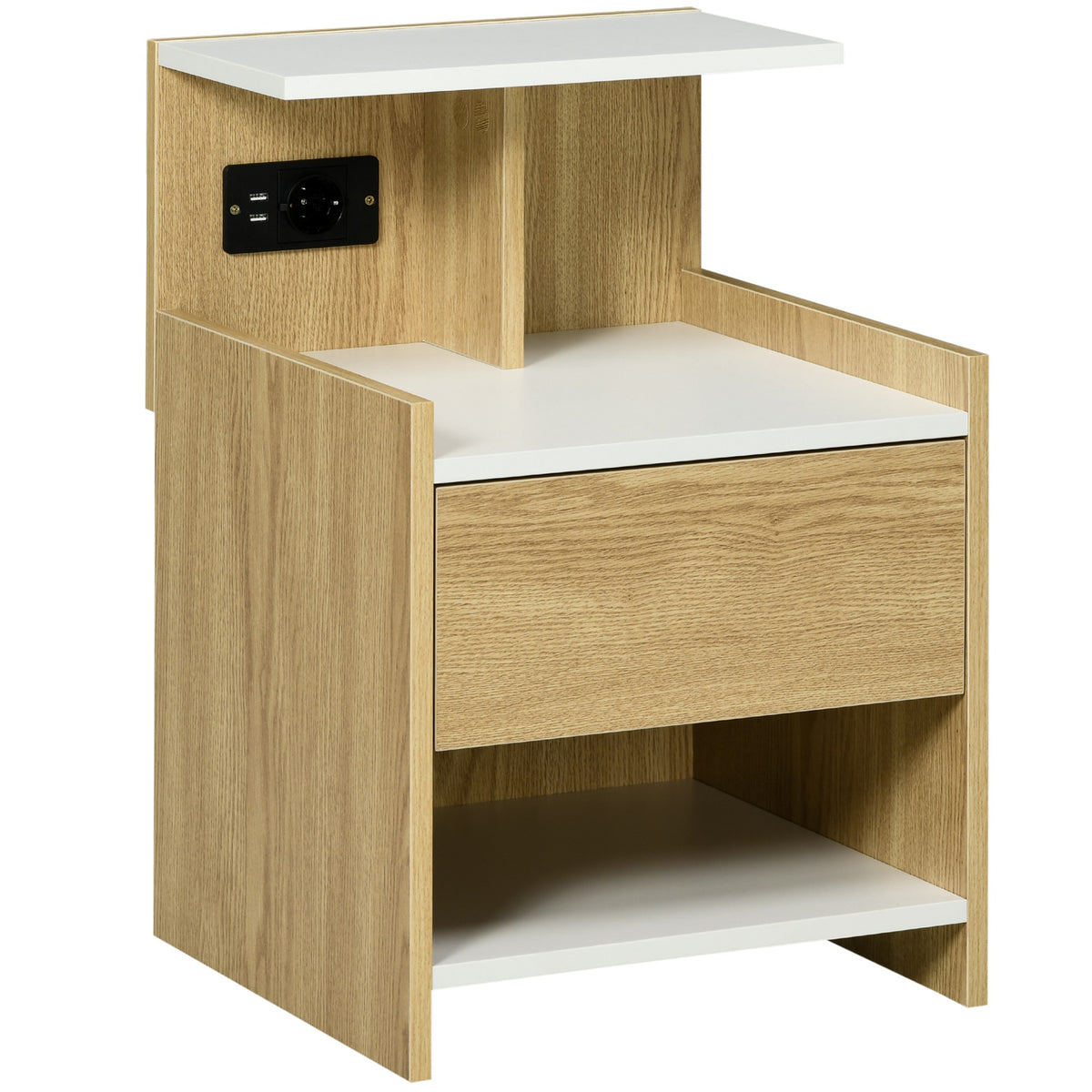 Mesa de Cabeceira Moderna Mesa de Cabeceira com Entrada USB Tomada Elétrica Gaveta e Prateleiras Mesa de Cabeceira para Dormitório 40x40x60 cm Madeira — foto 1