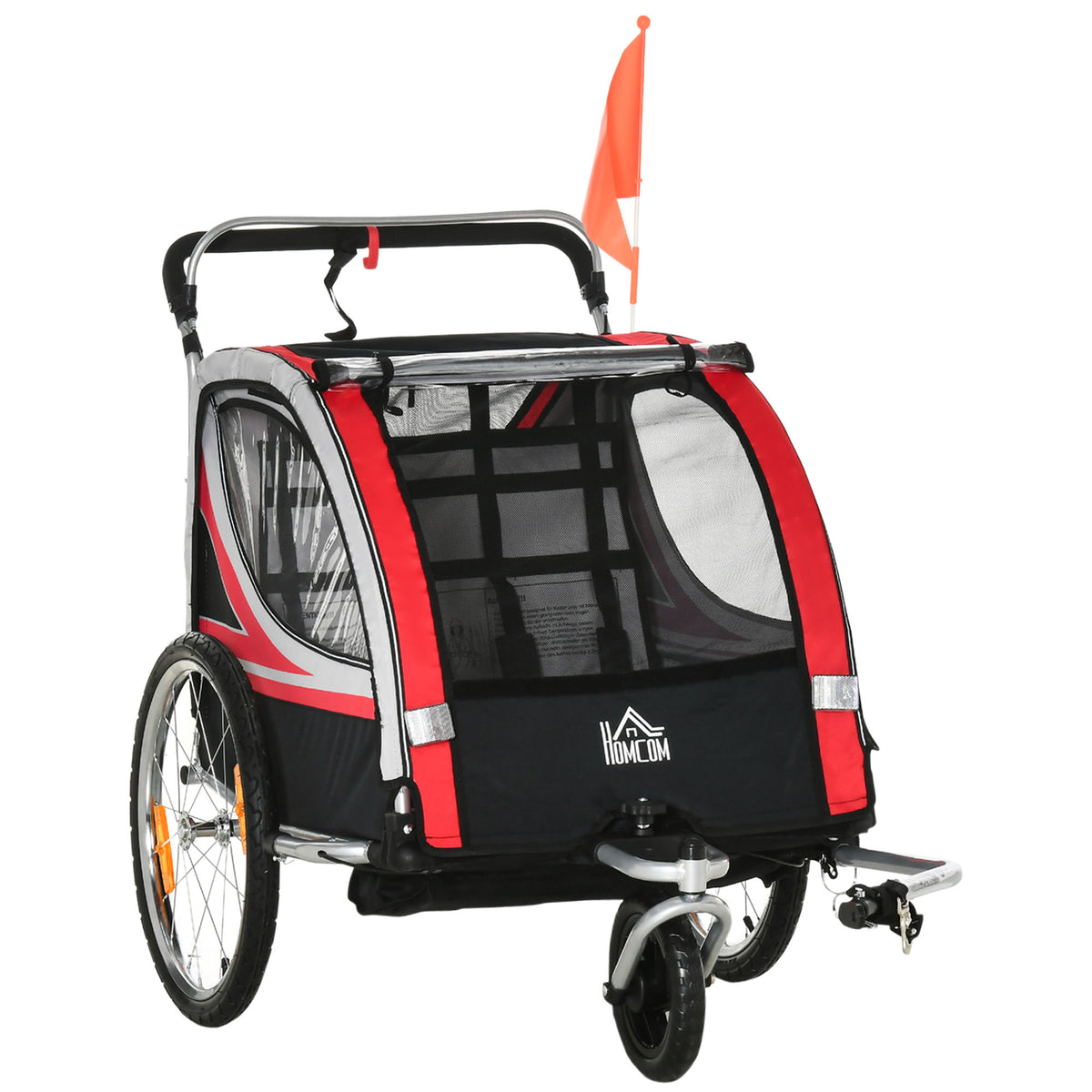 Reboque de Bicicleta para Crianças acima de 18 Meses 2 em 1 Carrinho de Passeio de 2 Lugares com Freio de Mão Cinto de Segurança Bandeira e Refletores 142x75x101cm Vermelho — foto 1