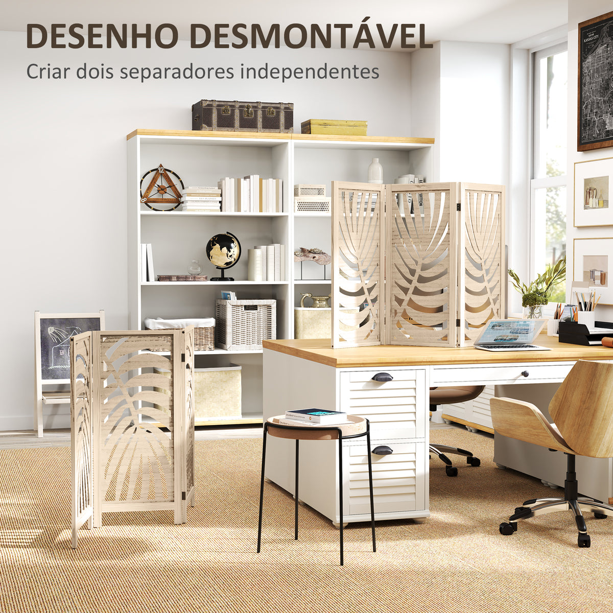 Biombo de 3 Painéis Separador de Ambientes Dobrável 120x170 cm com Estampado de Folhas de Palmeira Tropical Madeira — foto 4