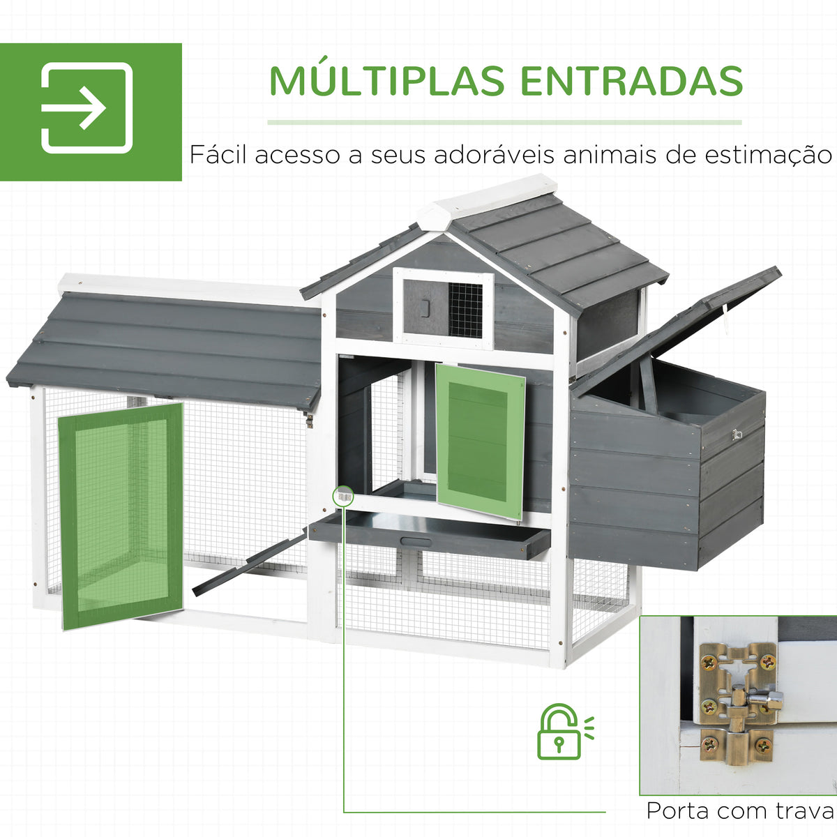 Galinheiro de Madeira para Exterior Gaiola para 2-3 Galinhas com Cercado de Arame Teto Abatível Caixa Ninho Bandeja Removível e Rampa 150,5x54x87cm Cinza e Branco — foto 5