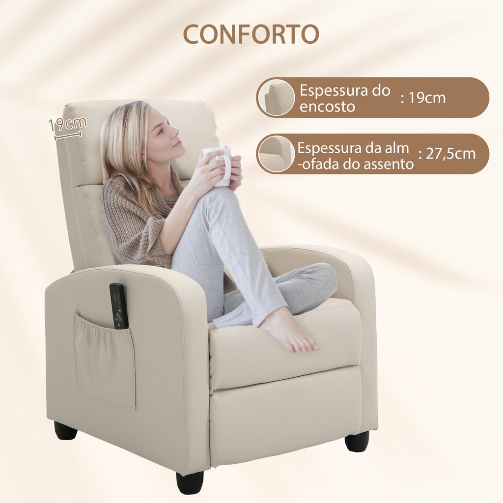 Poltrona de Massagem Poltrona Relax Reclinável com 2 Zonas de Massagem 8 Programas 5 Níveis de Intensidade e Controlo Remoto Estofada em PU 68x88x98 cm Creme — foto 6