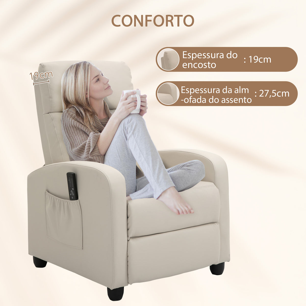 Poltrona de Massagem Poltrona Relax Reclinável com 2 Zonas de Massagem 8 Programas 5 Níveis de Intensidade e Controlo Remoto Estofada em PU 68x88x98 cm Creme — foto 6