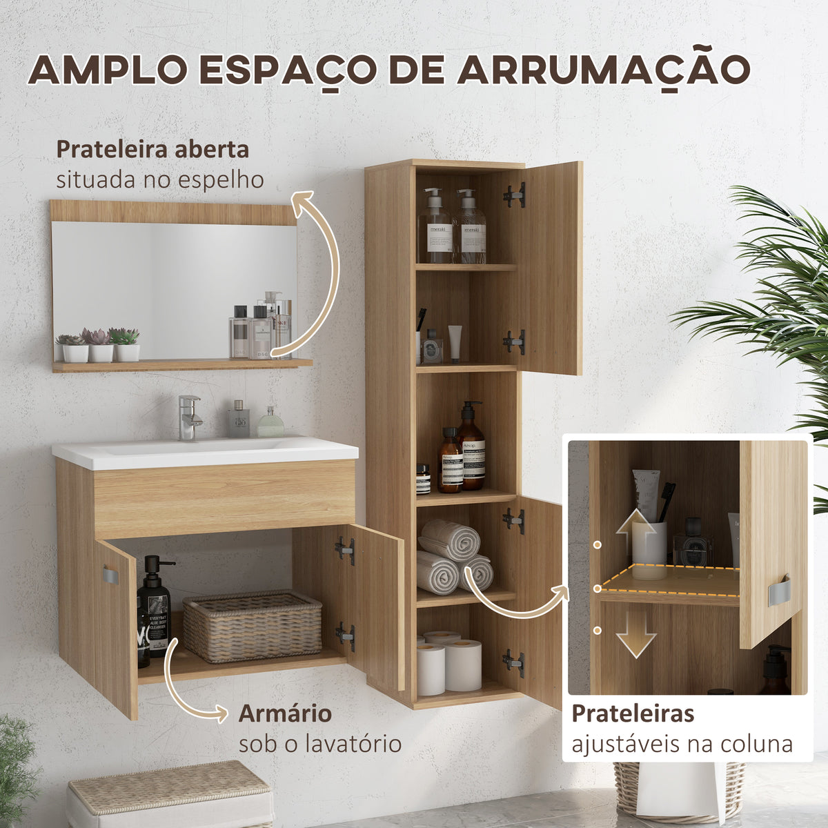 Conjunto de Móveis para Casa de Banho de Parede 3 Peças Inclui Espelho com Prateleira Móvel com Lavatório Cerâmico e Coluna de Casa de Banho Estilo Moderno Madeira — foto 6