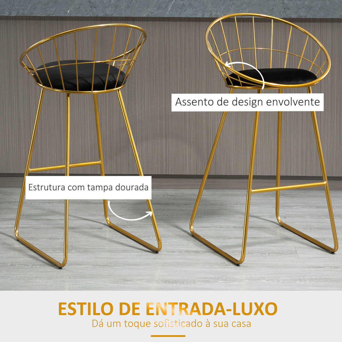 Conjunto de 2 Bancos Altos de Cozinha com Assento em Tecido Bancos de Bar Cadeiras Acapulco com Encosto e Apoio para os Pés para Sala de Jantar 52,5x47x97 cm Dourado — foto 4