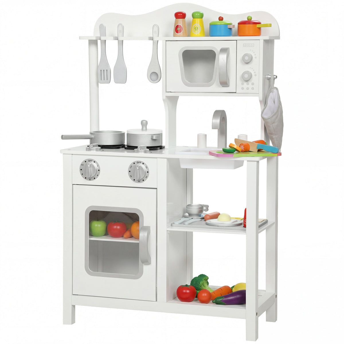 Cozinha de Brincar em Madeira com Som Cozinha Infantil com Acessórios Lava-Loiças Micro-Ondas e Fogão Brinquedos para Crianças a Partir de 3 Anos 55x24x86 cm Branco — foto 1