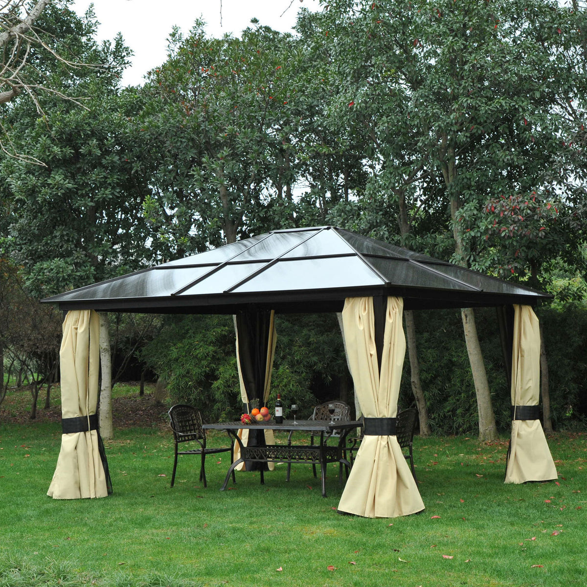 Pérgola de Jardim 4,3x3,6m Pérgola de Alumínio de Exterior com Teto de Policarbonato 4 Cortinas Laterais e 4 Telas Mosquiteiras com Zíper para Festas Eventos Marrom e Bege — foto 2