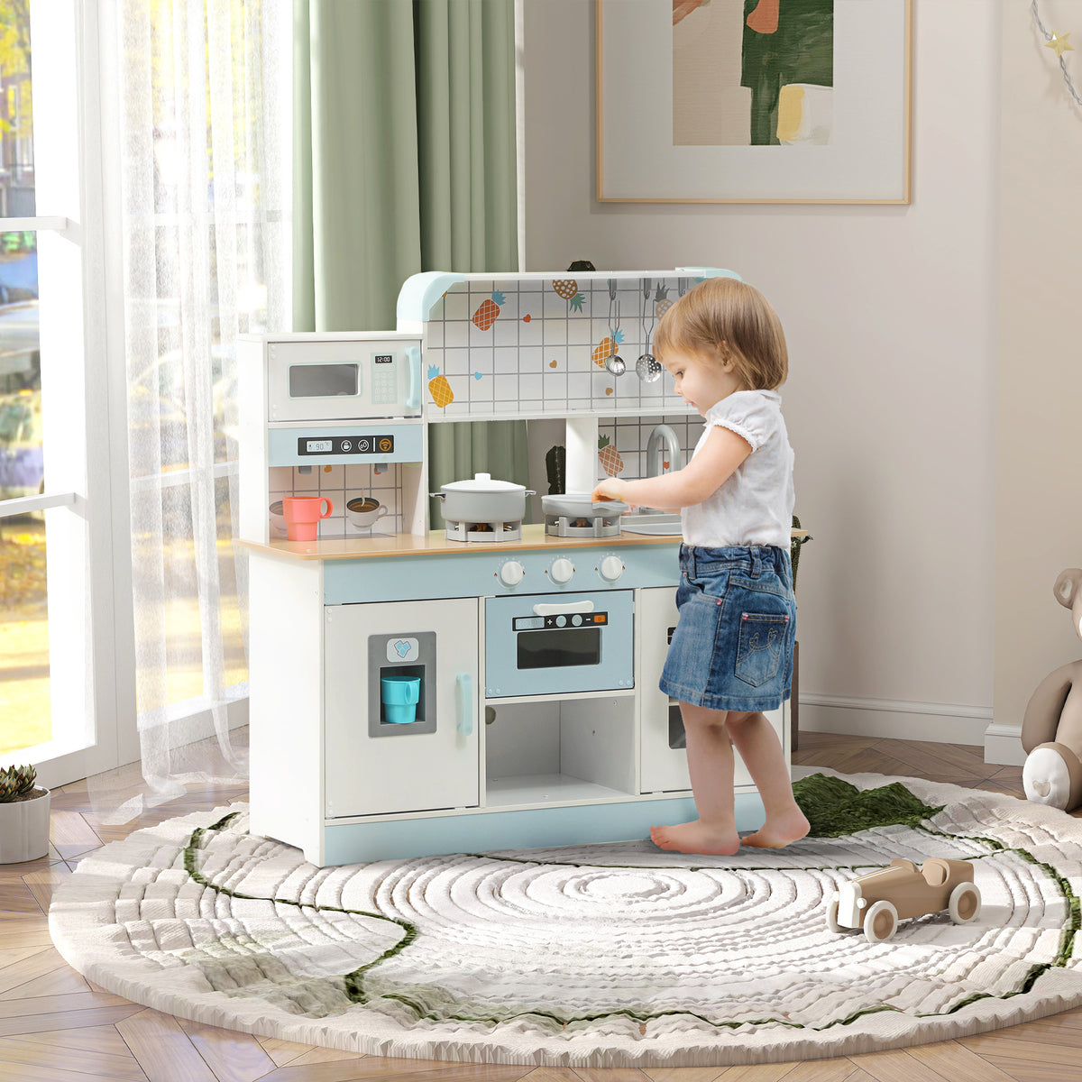Cozinha de Madeira para Crianças acima de 3 Anos Cozinha de Brincar Infantil com Sons Fogão Lavatório Micro-Ondas Máquina de Café Máquina de Gelo e Acessórios 88,6x31,7x90,4 cm Branco — foto 2