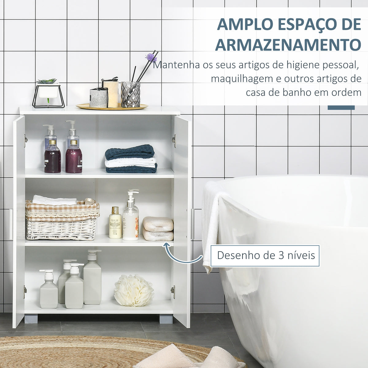 kleanklin Armário de Casa de Banho com 2 Portas e 2 Prateleiras Ajustáveis em 7 Níveis Móvel Auxiliar de Armazenamento para Sala de Estar Cozinha 60x30x80cm Branco — foto 4