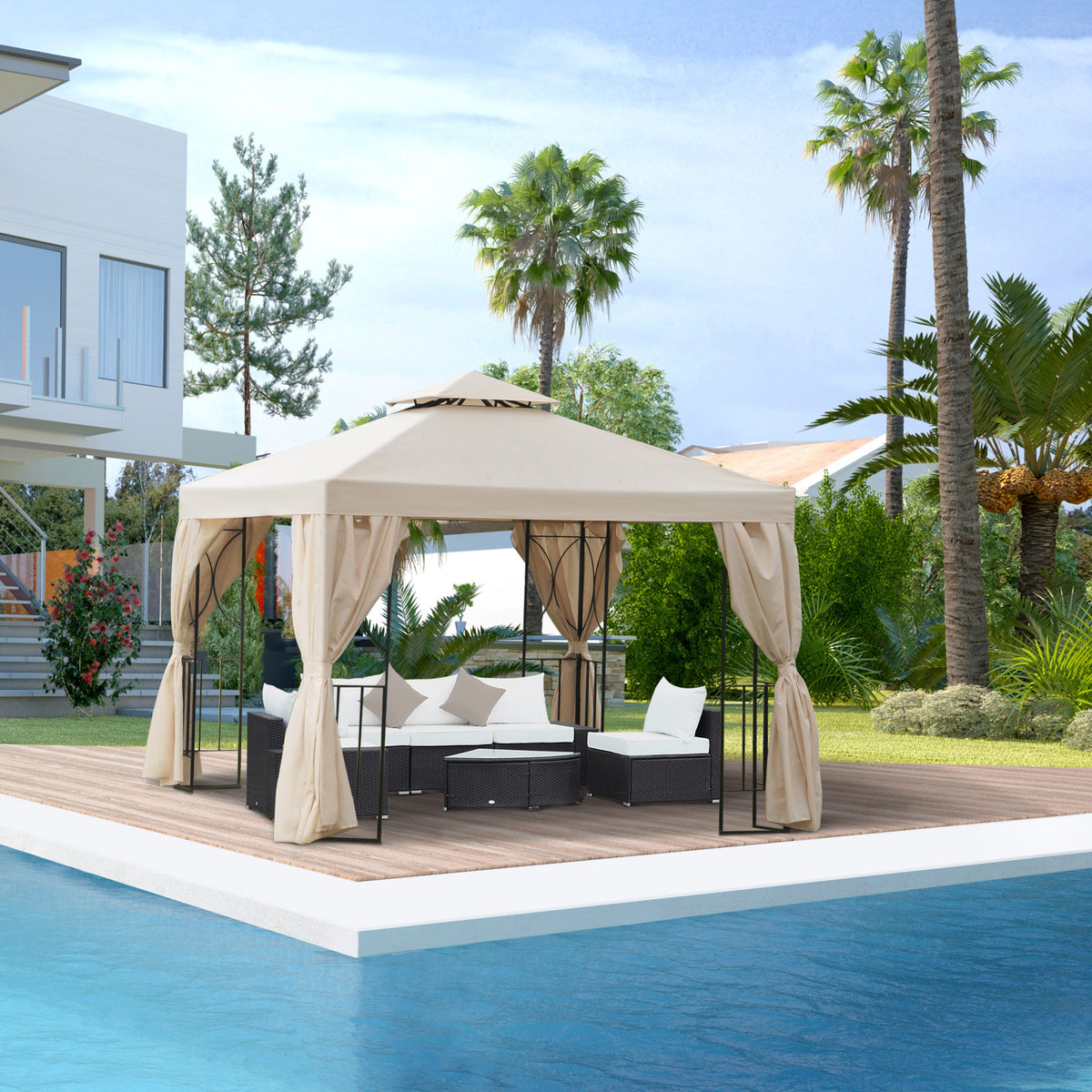 Gazebo de jardim Pavilhão de 3 x 3 m com 4 cortinas laterais removíveis com zíper, 8 orifícios de drenagem e telhado duplo bege — foto 2