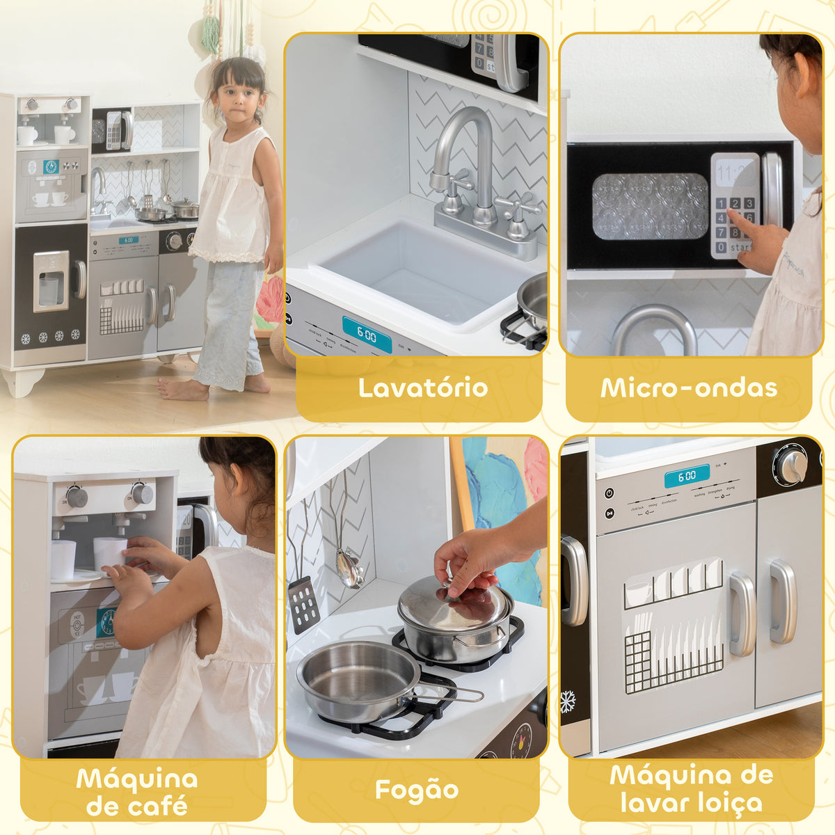 Cozinha de Madeira com Som Cozinha Infantil com Acessórios em Aço Inoxidável Micro-Ondas, Máquina de Gelo Cafeteira, Máquina de Lavar Loiça para Crianças a partir dos 3 Anos 79,5x24x83,8 cm Branco — foto 5