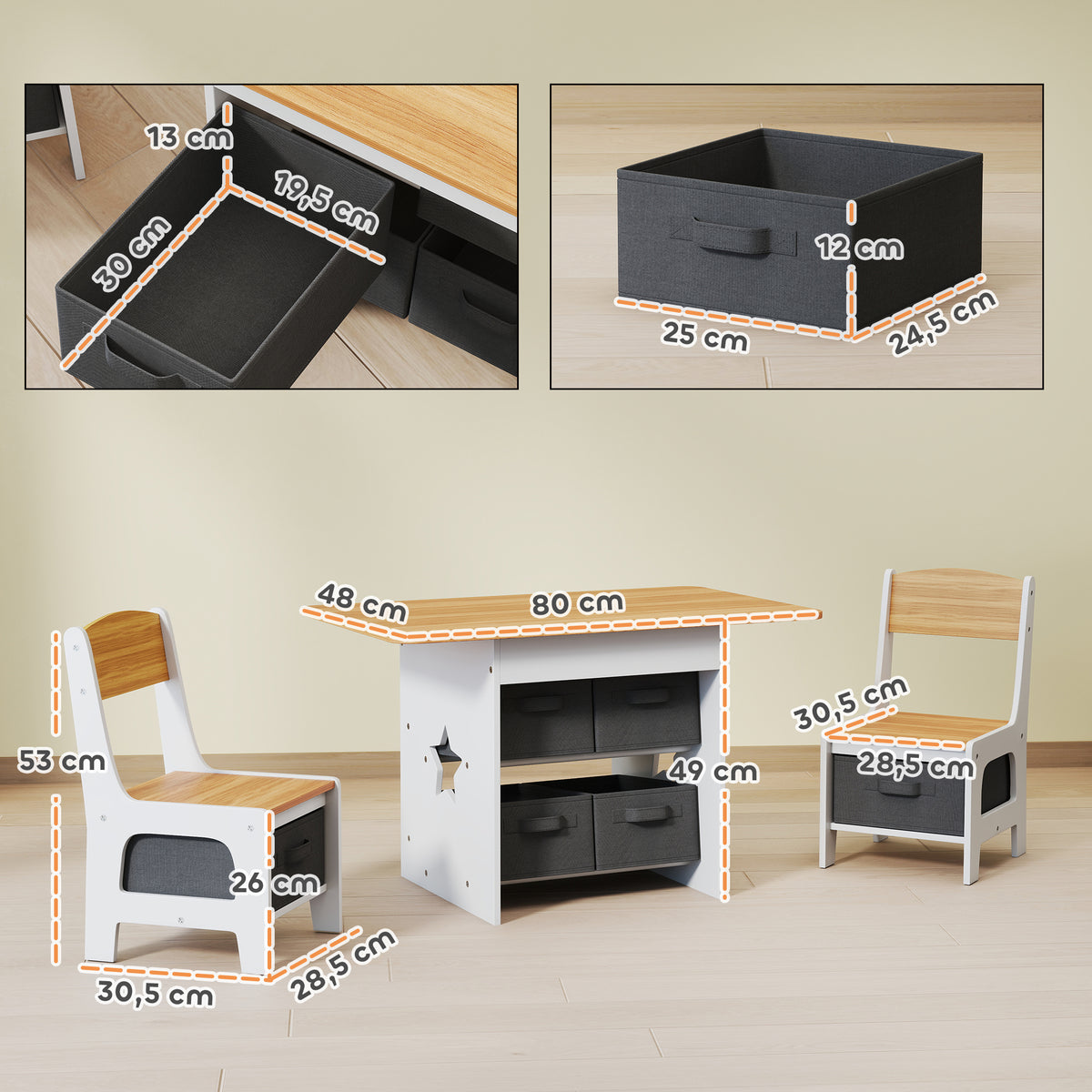Mesa Infantil com 2 Cadeiras Mesa e Cadeiras para Crianças com 6 Gavetas de Tecido Desenho Estrelas para Meninos e Meninas de 3-8 Anos para Casa Escola Infantil Salas de Aula Madeira e Branco — foto 3