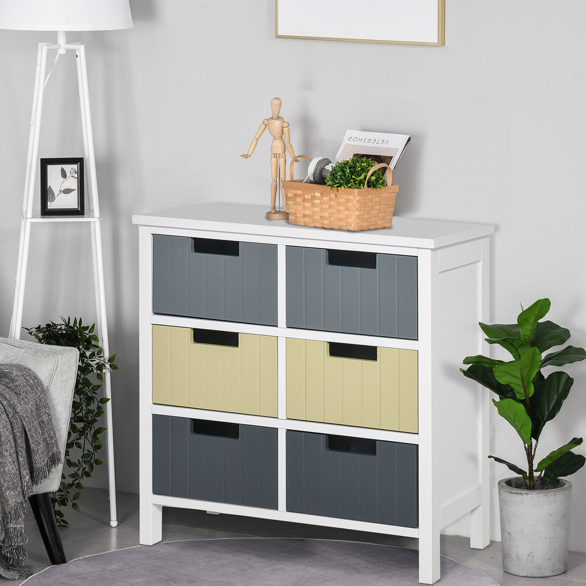 Cómoda de Madeira com 6 Gavetas Cómoda Auxiliar de Armazenamento com Pés Elevados Estilo Moderno para Dormitórios Sala de Estar Casa de Banho 60x28x58cm Multicor — foto 2