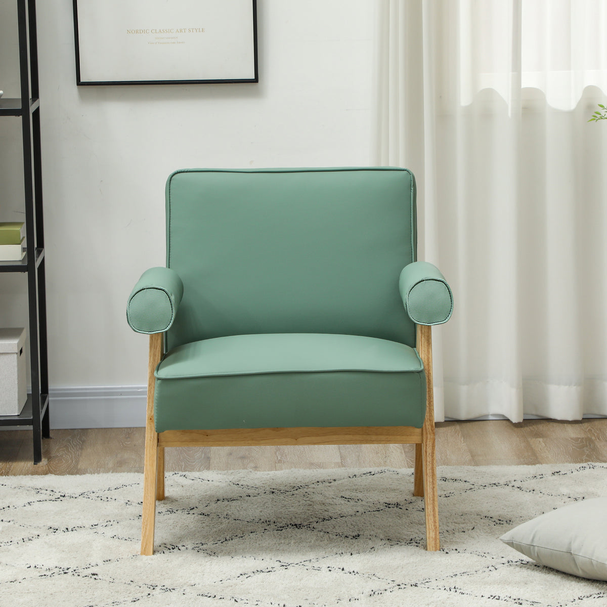 Poltrona Sala de Estar Poltrona Nórdica Poltrona Estofada em PU com Apoio para os Braços e Estrutura de Madeira de Borracha para Dormitório Carga 120 kg 73x70x80 cm Verde — foto 7