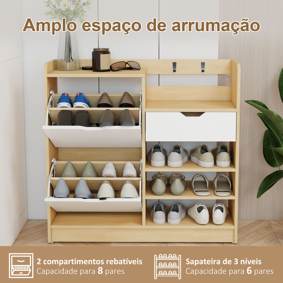 Sapateira Estreita com 2 Portas Sapateira para Entrada com Prateleiras Ajustáveis Gaveta Prateleiras Abertas 4 Ganchos para 14 Pares de Sapatos 93x30x90 cm Madeira e Branco — foto 4