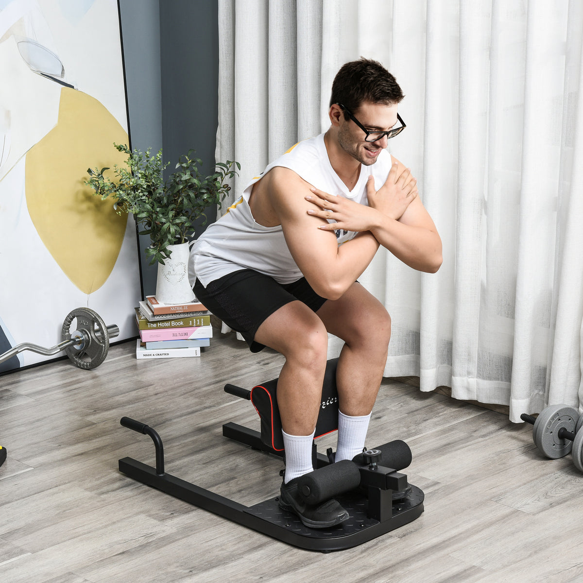 Sissy Squat 3 em 1 Máquina de Agachamento para Exercícios de Abdominais Flexões Agachamentos 50x97x56,5cm Preto e Vermelho — foto 2