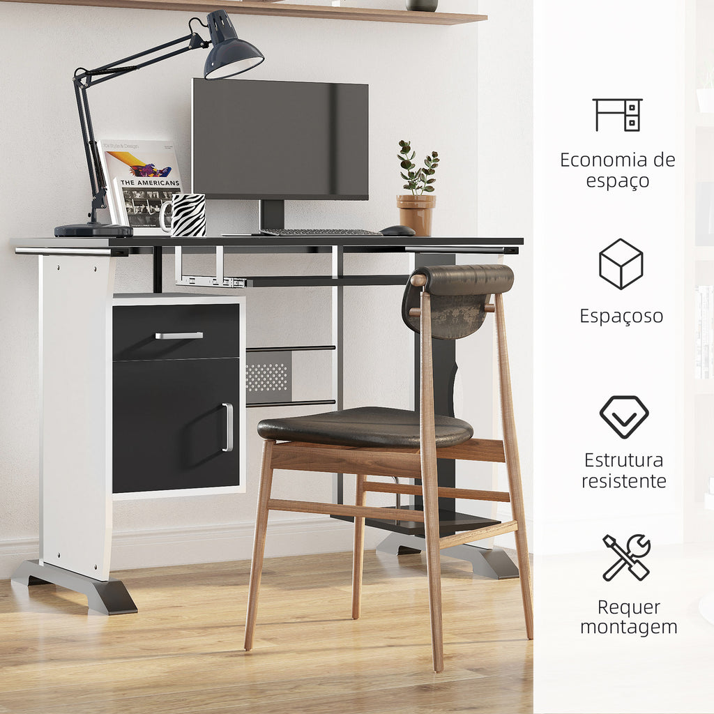 Mesa para Computador com Gaveta Armário e Suporte para CPU Secretária para Escritório Estúdio Dormitório 100x52x75cm Preto e Branco — foto 6