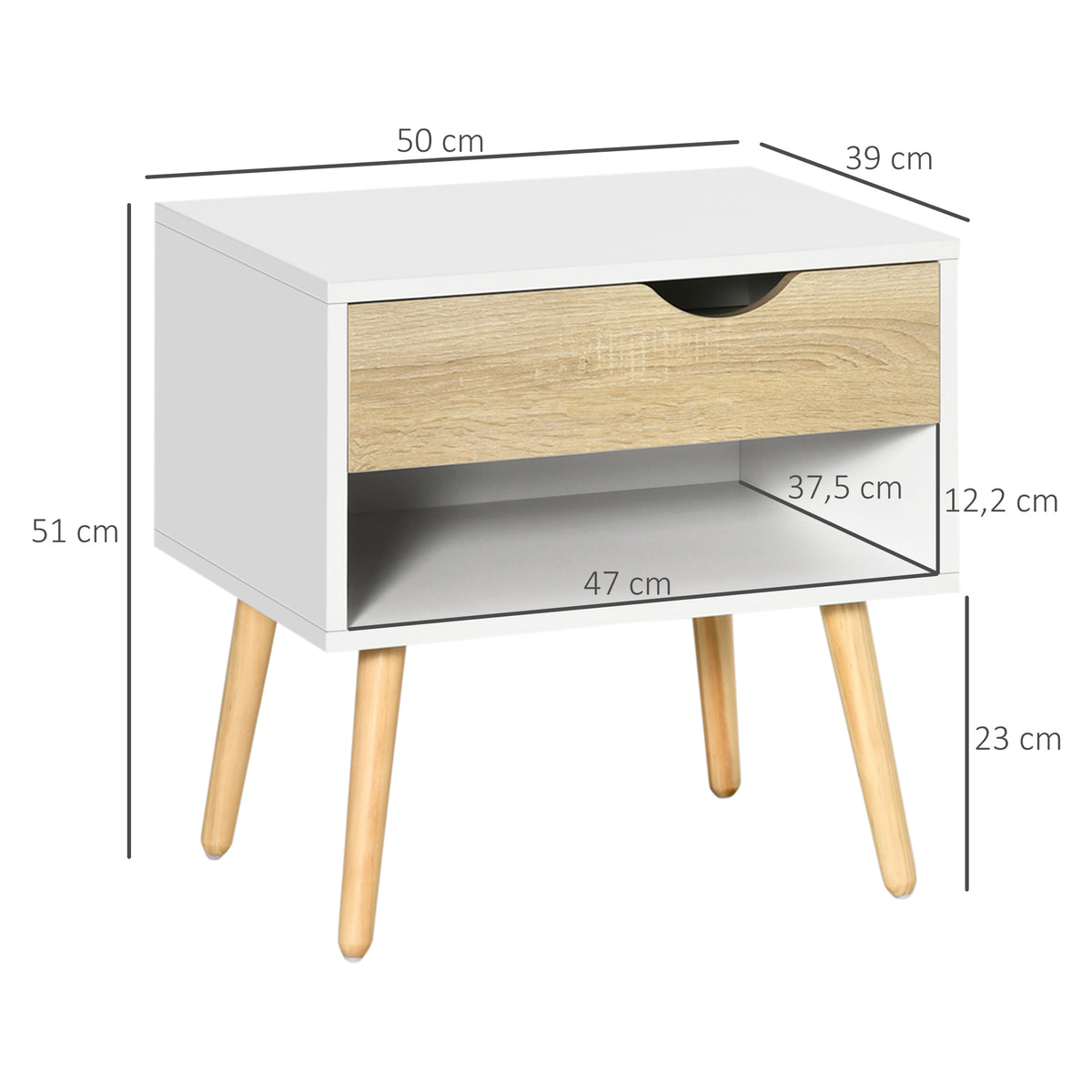 Conjunto de 2 Mesas de Cabeceira Mesa Auxiliar com 1 Gaveta e Prateleira de Armazenamento para Dormitório Sala de Estar Escritório Estilo Moderno 50x39x51cm Branco e Carvalho — foto 3