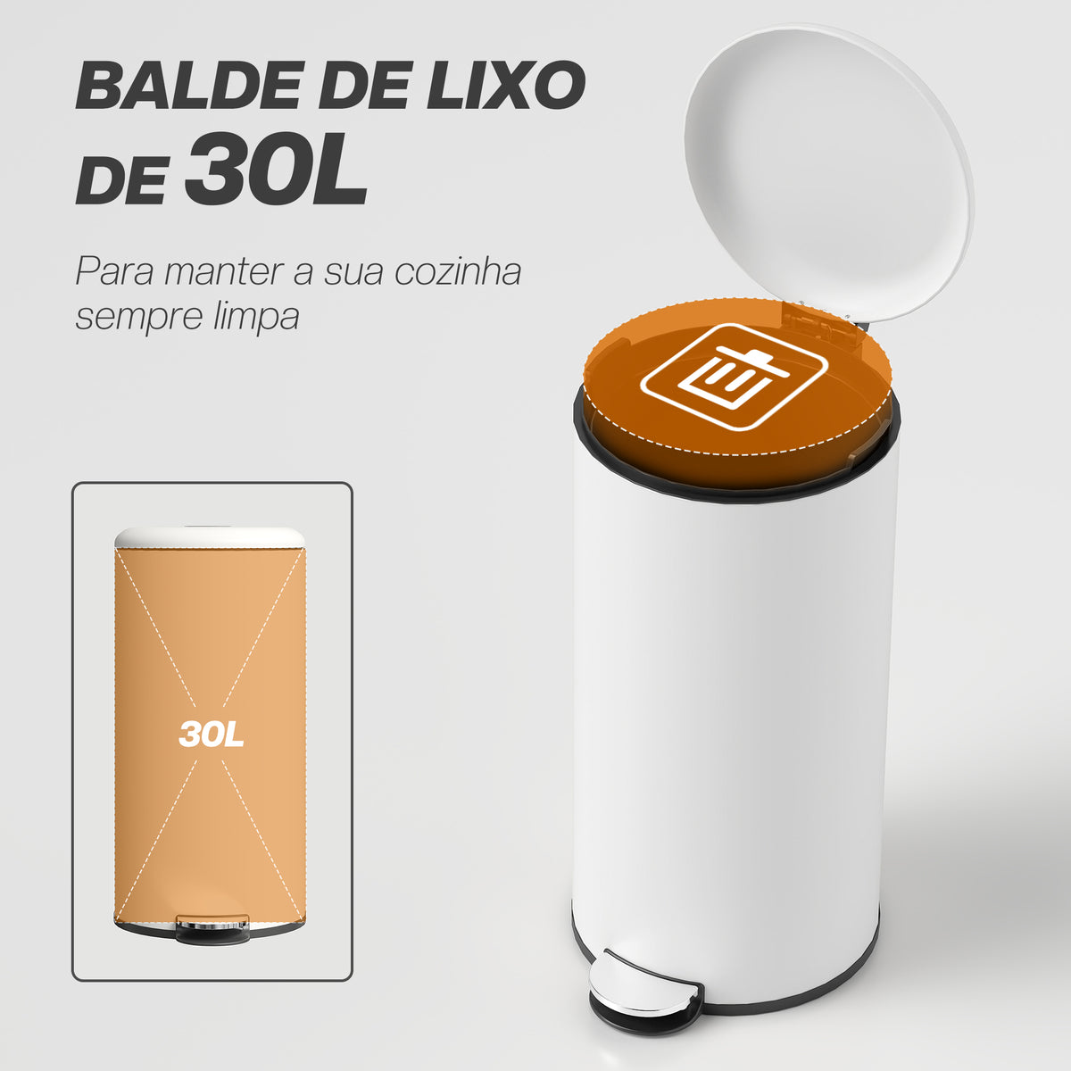 Balde de Lixo para Cozinha 30L Cubo de Lixo com Pedal Tampa com Fechamento Suave e Cubo Amovível para Escritório Estúdio Creme — foto 4