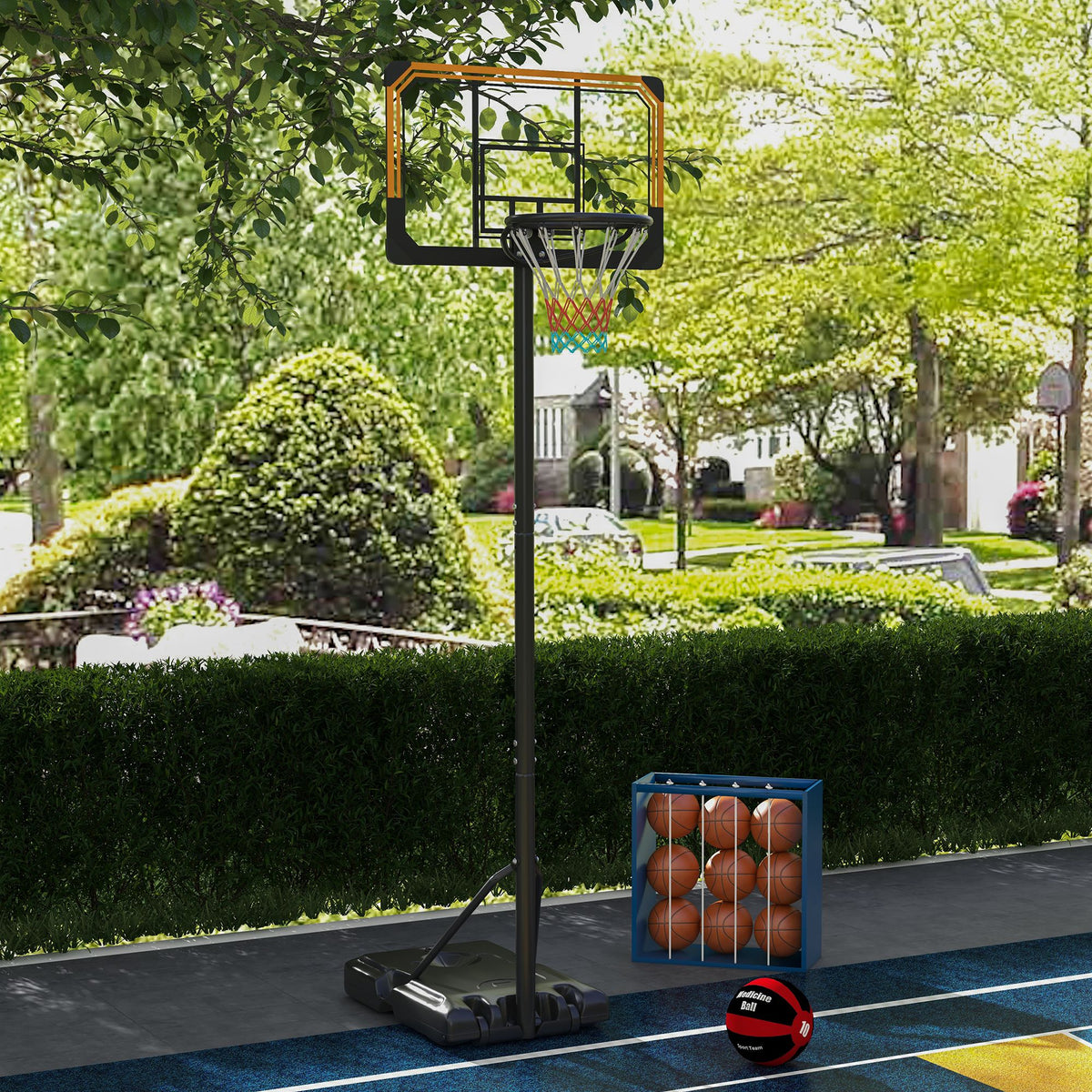 Tabela de Basquetebol de Exterior com Altura Ajustável 235-264 cm Tabela de Basquetebol com Suporte para Bola Rodas e Base Recarregável Preto — foto 2
