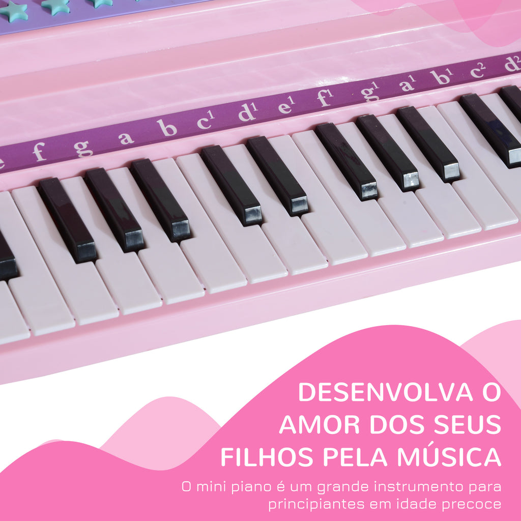 Piano para Crianças com 37 Teclas Piano Infantil com Microfone Banco Luzes 22 Músicas e Entrada para MP3 e USB 48x39x69 cm Rosa — foto 6