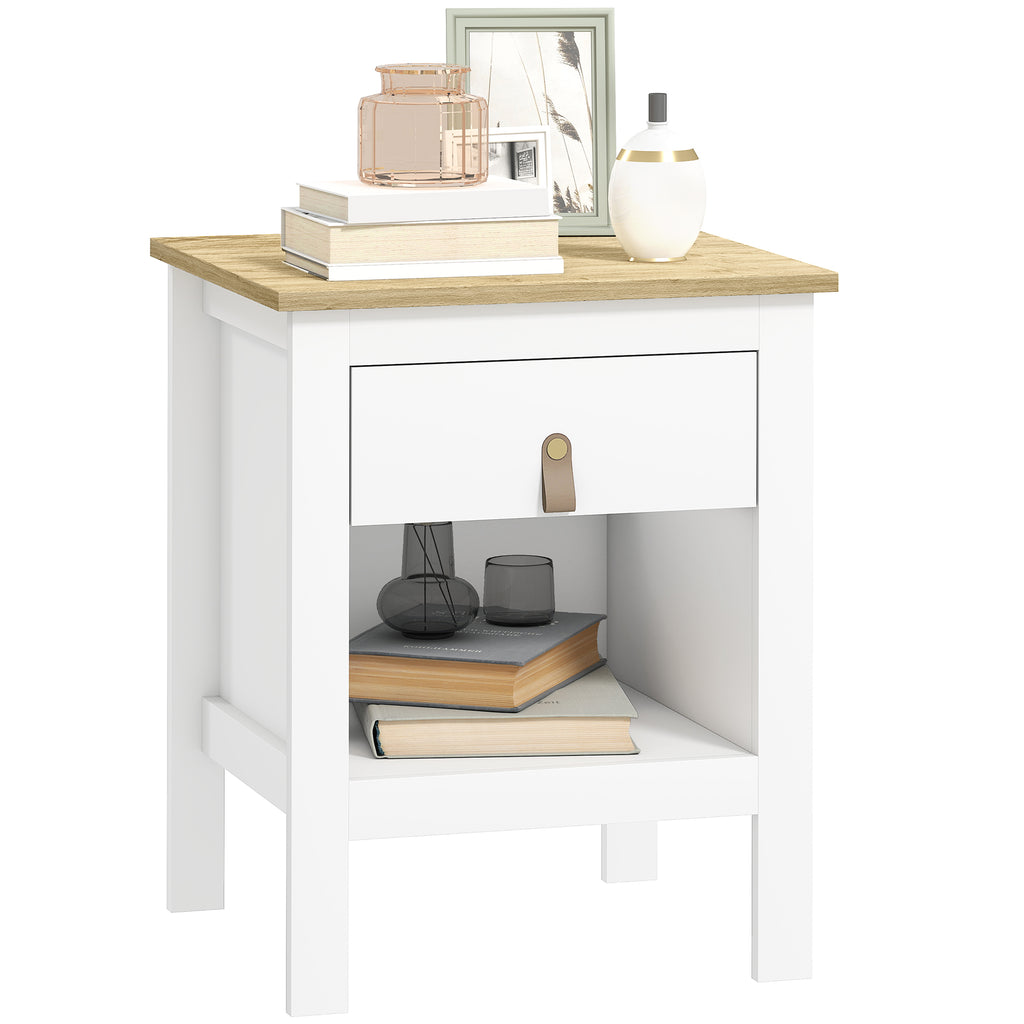 Mesa de Cabeceira Moderna Mesa de Cabeceira com 1 Gaveta Compartimento Aberto Puxador de PU Mesa Auxiliar para Sala ou Quarto 45x40x55 cm Branco — foto 1