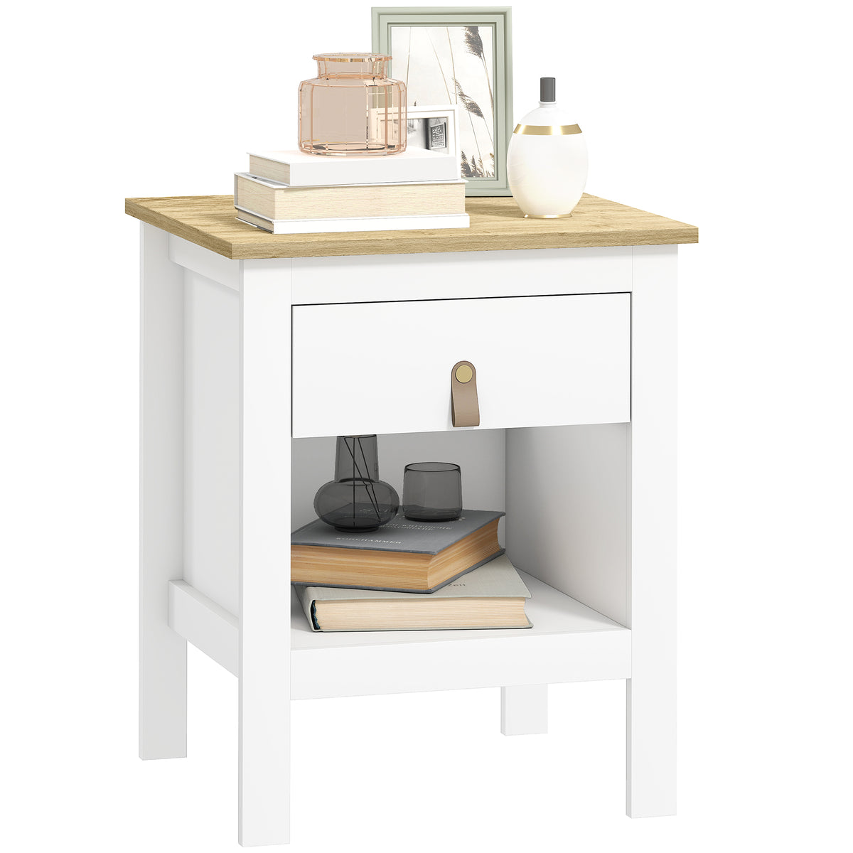 Mesa de Cabeceira Moderna Mesa de Cabeceira com 1 Gaveta Compartimento Aberto Puxador de PU Mesa Auxiliar para Sala ou Quarto 45x40x55 cm Branco — foto 1