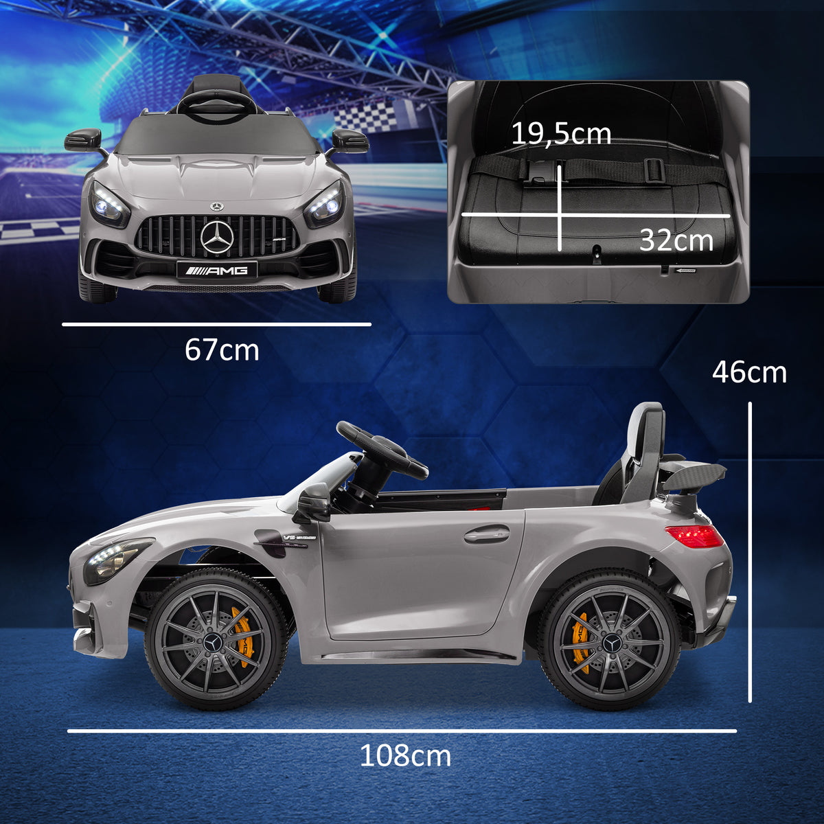 Carro Elétrico para Crianças acima de 3 Anos Carro Mercedes-Benz AMG GTR Carro Elétrico Infantil com Bateria 12V Controlo Remoto Faróis Buzina e Música 108x67x46 cm Prata — foto 3