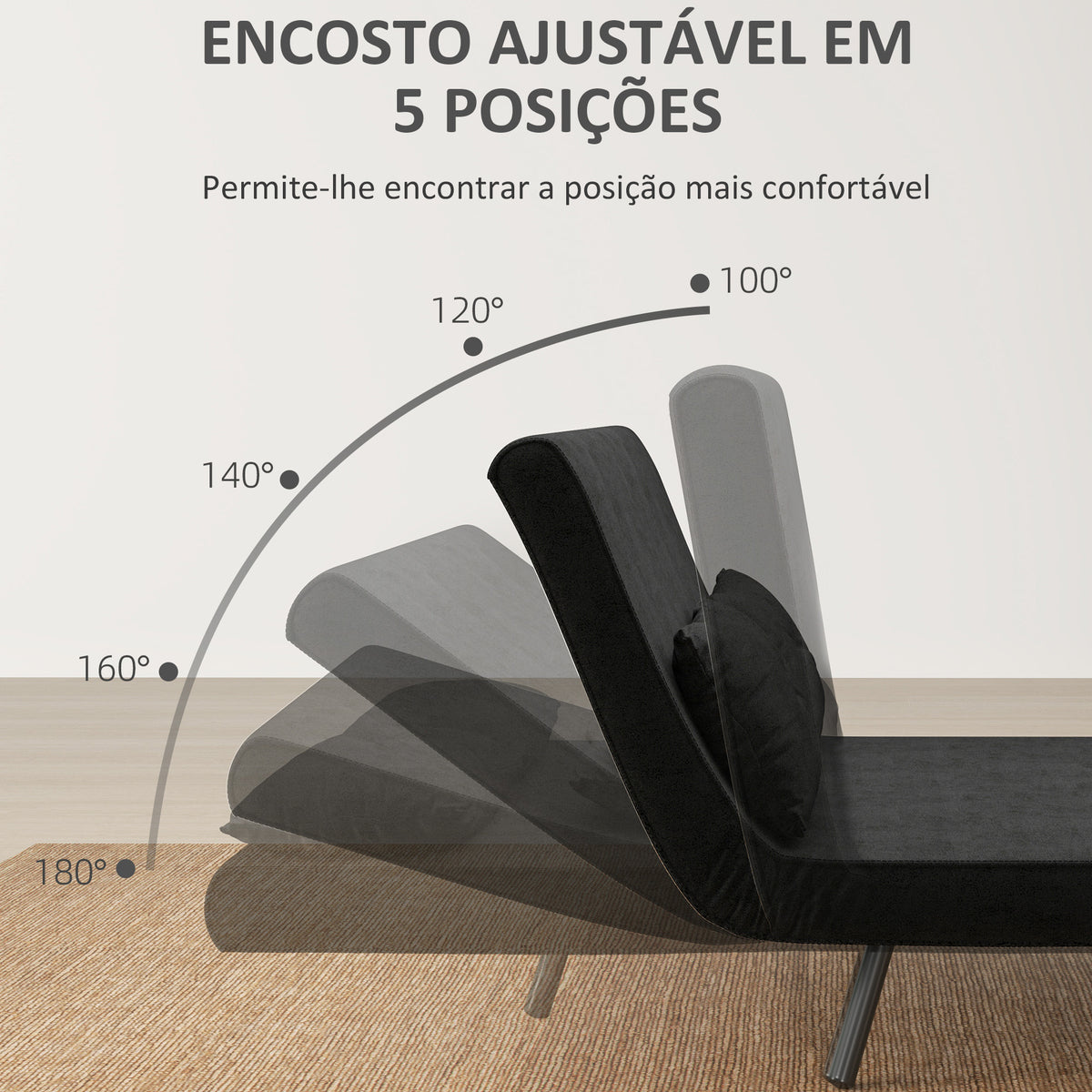 Sofá Cama Sofá Convertível em Cama de 2 Lugares Dobrável com Encosto Ajustável em 5 Níveis e 2 Almofadas Acolchoadas para Escritório Dormitório Sala de Estar 102x73x81 cm Preto — foto 4
