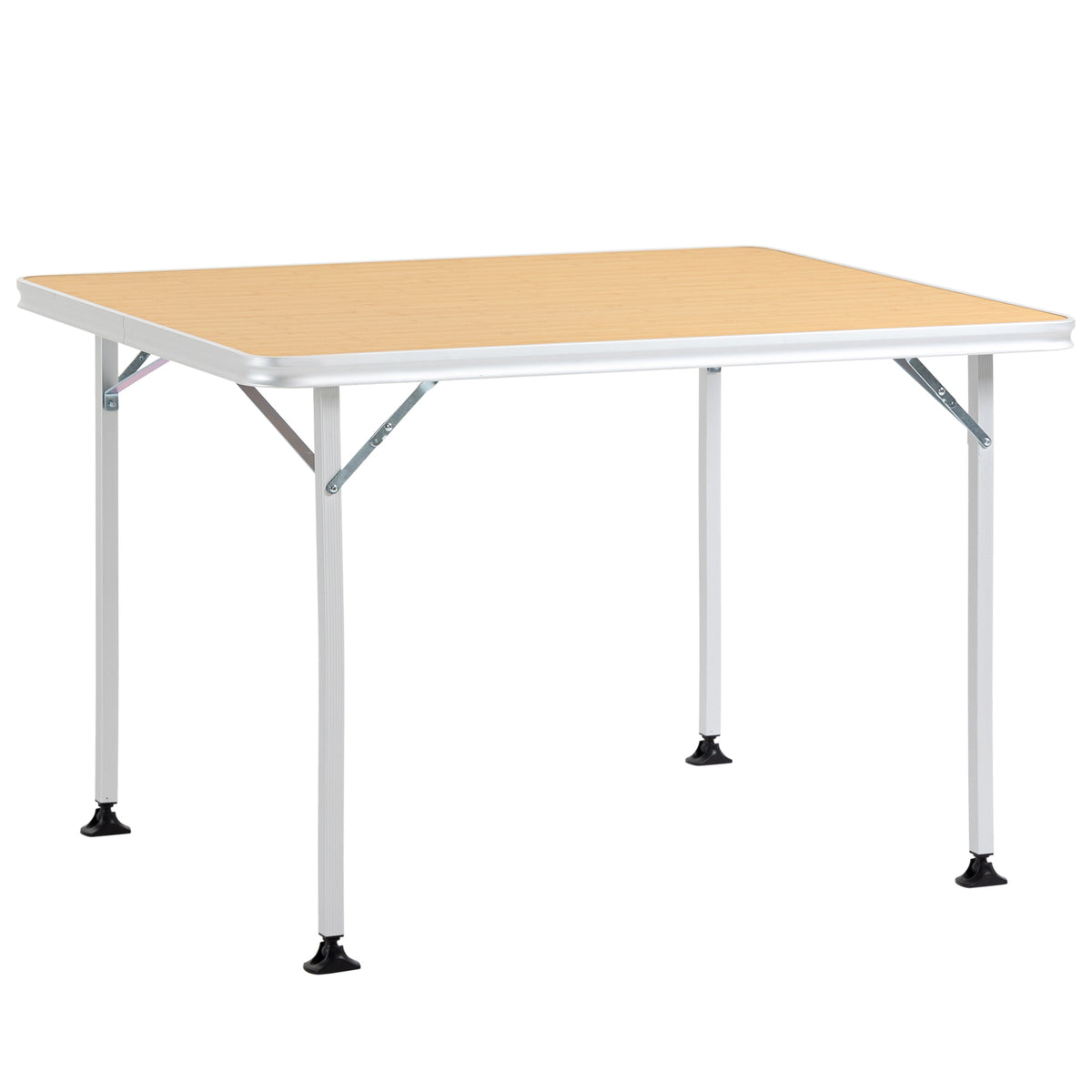 Mesa de Campismo Dobrável Mesa de Piquenique Portátil de Alumínio com Bancada de Madeira e 4 Almofadas de Pé Multifuncional para Terraço Jardim Praia 115x85x75cm Natural — foto 1